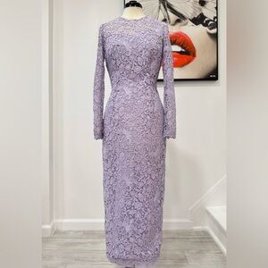 CAROLINA HERRERA Lace Crewneck Midi-Dress In Lilac Purple